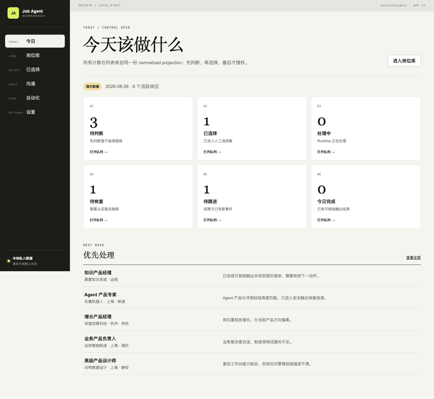 Job Agent 今日行动台演示界面